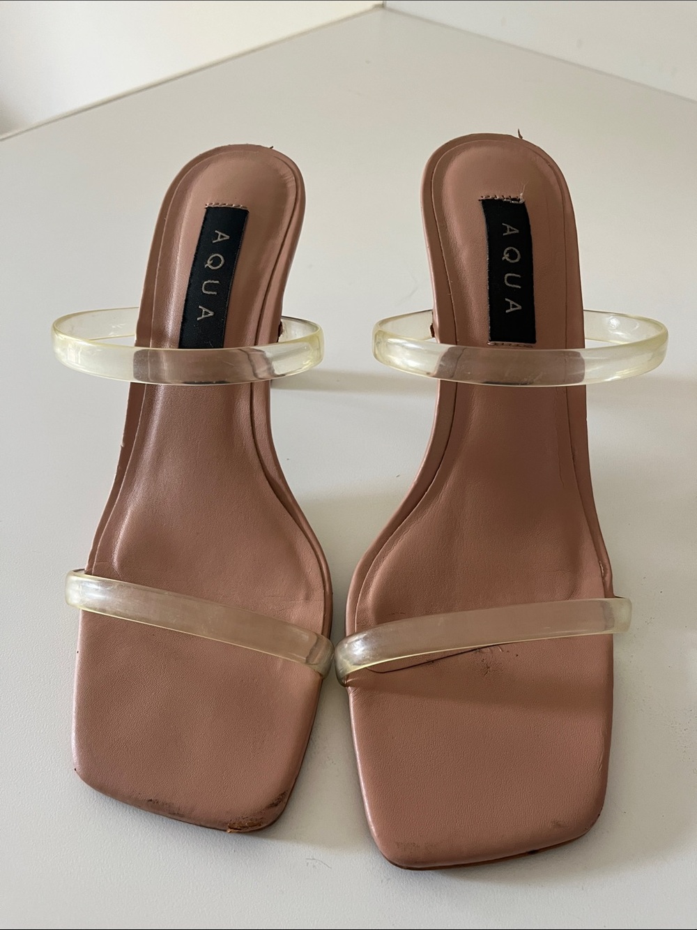 Aqua Mauve Square-Toe Slide Sandals with Clear Straps